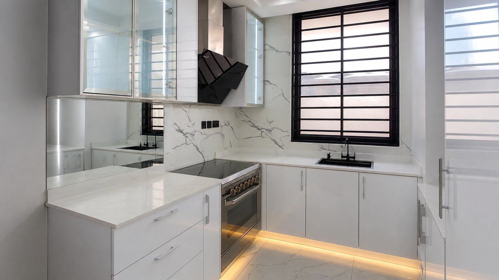A bright kitchen, detailed in white